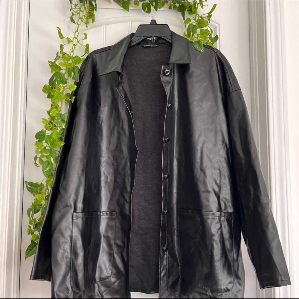 Drop Shoulder Button Up Leather Coat